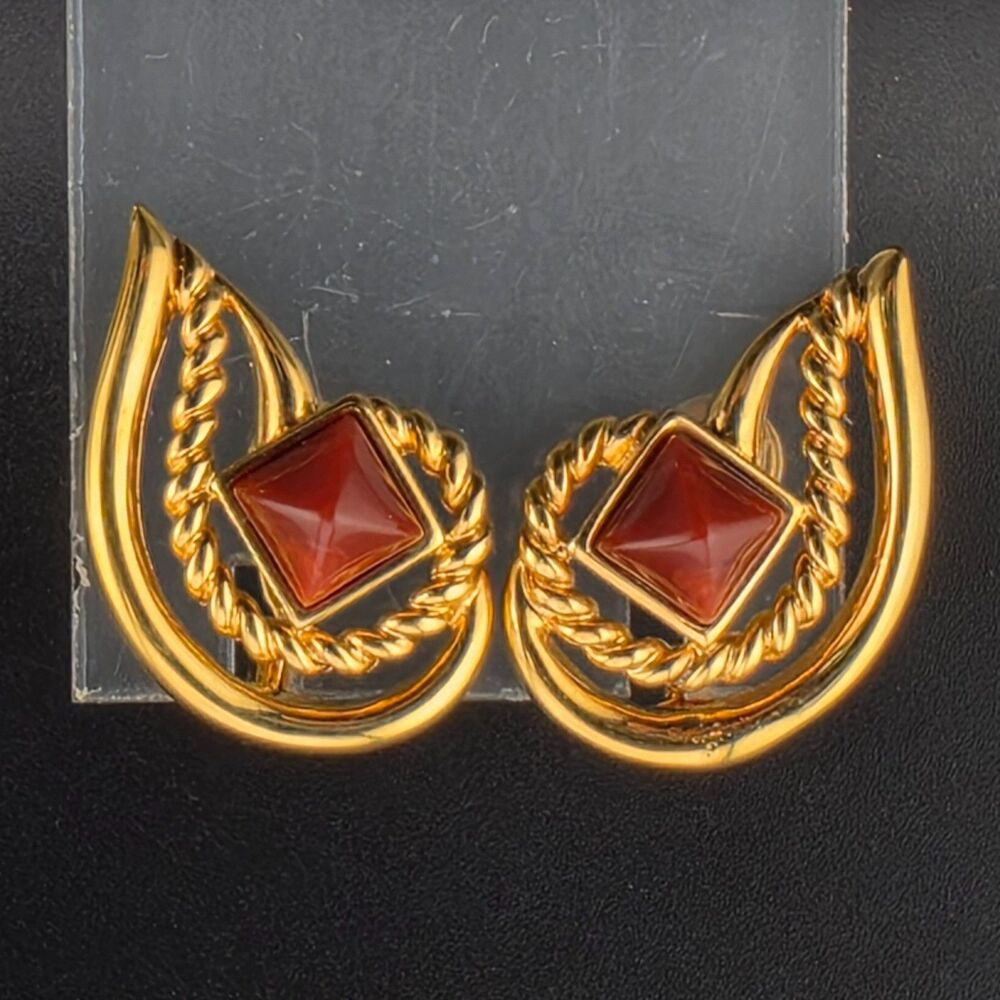 Vintage Signed Monet Burnt Orange Golden Flame Clip Earrings 1 3/8"